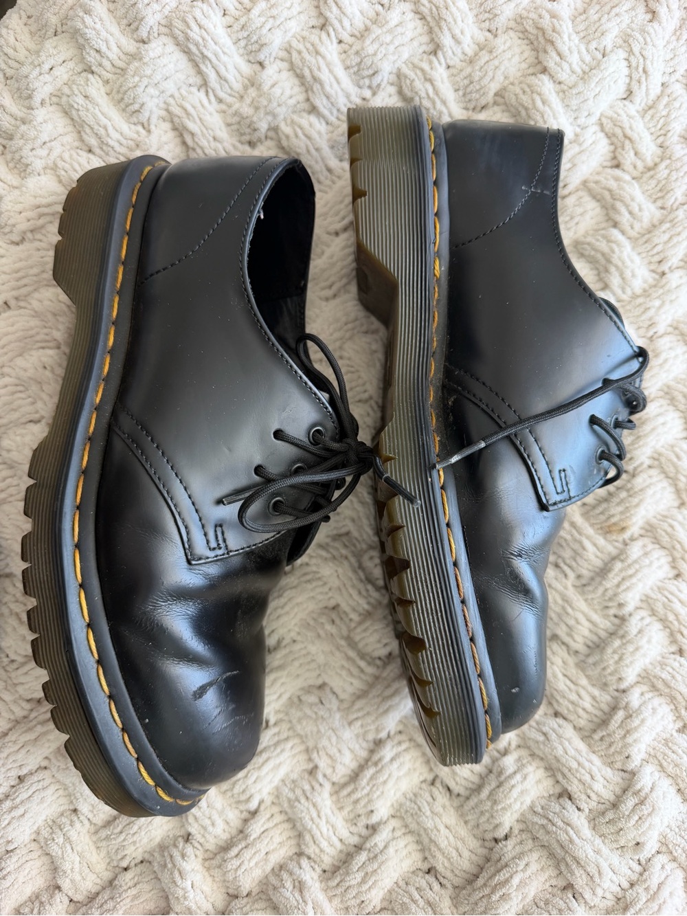 Dr. Martens Black Leather Lace-Up Derby Shoes with Yellow Stitching